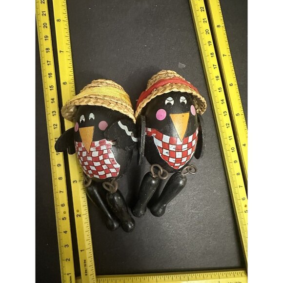 Vintage Wooden Crow Blackbird Shelf Sitters w/ Straw Hat set of 2 Terrys Village - Picture 8 of 8